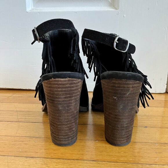 Black Lucky Brand Suede Fringe Boho Open Toe Block Heels - Picture 7 of 7